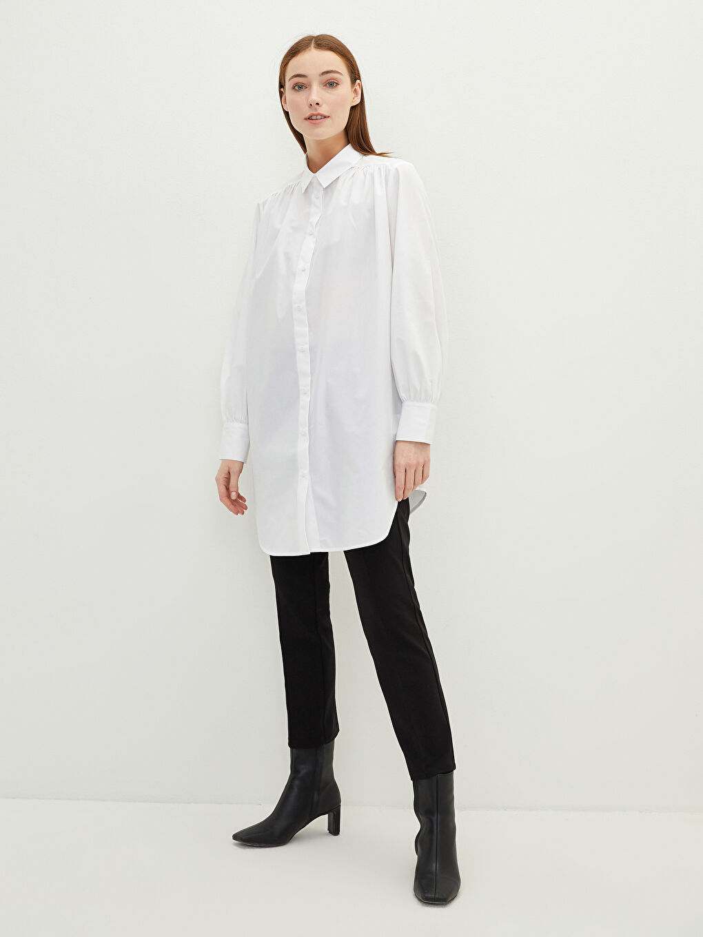 Beyaz Düz Uzun Kollu Oversize Poplin Kadın Gömlek Tunik-1
