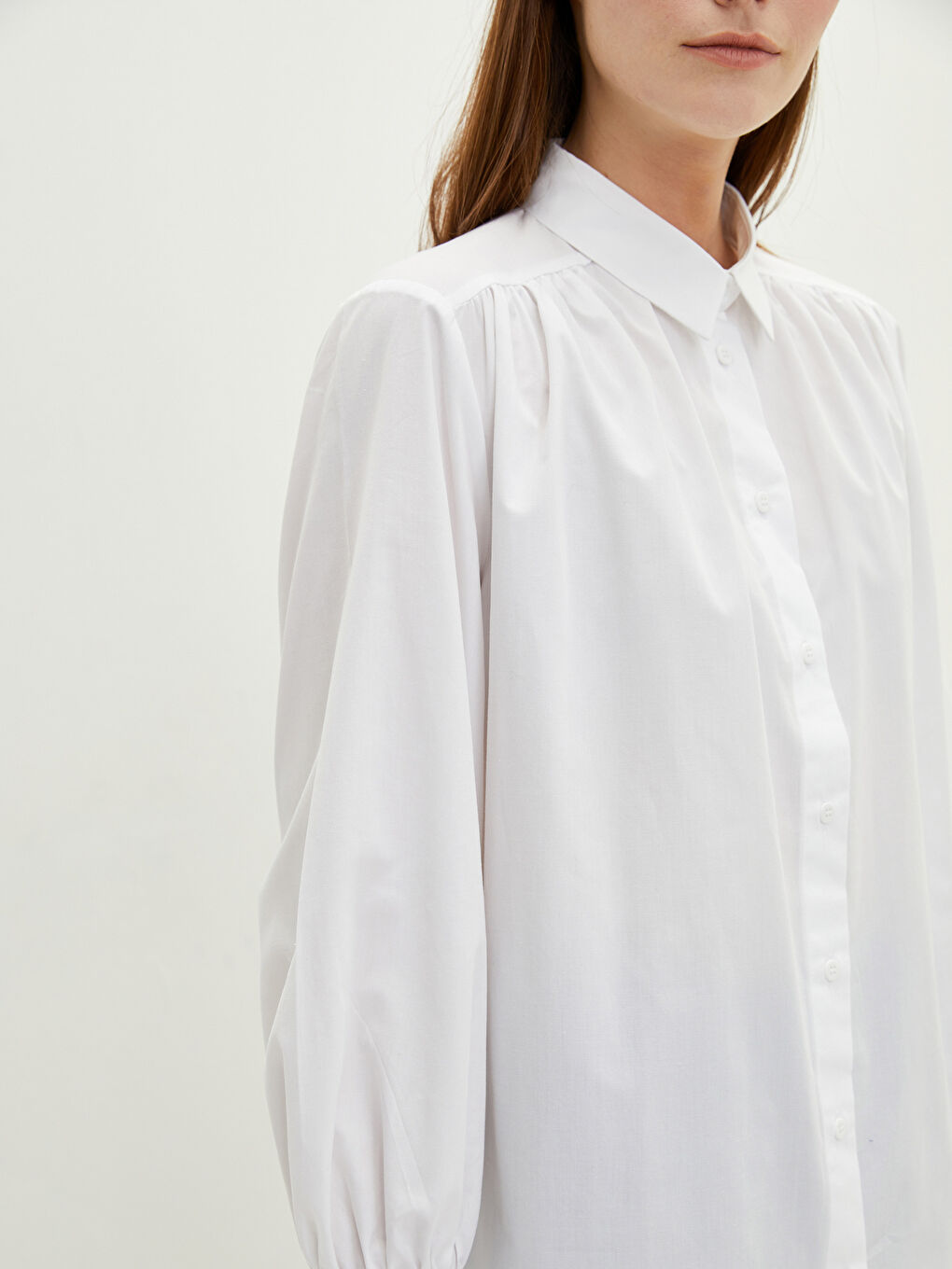 Beyaz Düz Uzun Kollu Oversize Poplin Kadın Gömlek Tunik-2