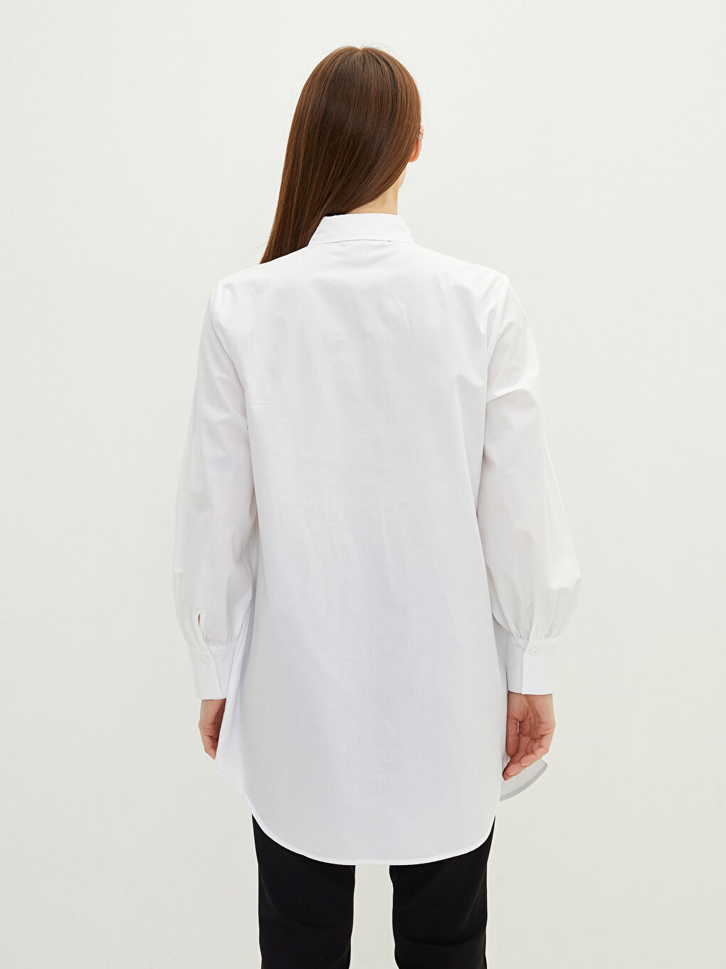 Beyaz Düz Uzun Kollu Oversize Poplin Kadın Gömlek Tunik-3