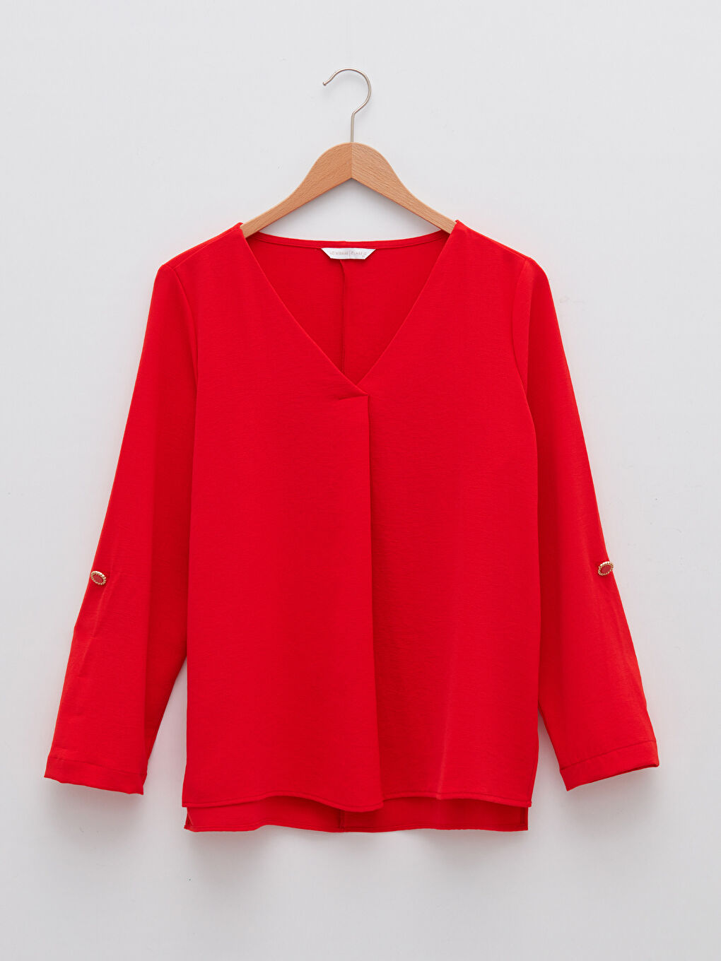 Kırmızı V Yaka Düz Uzun Kollu Kadın Bluz-4