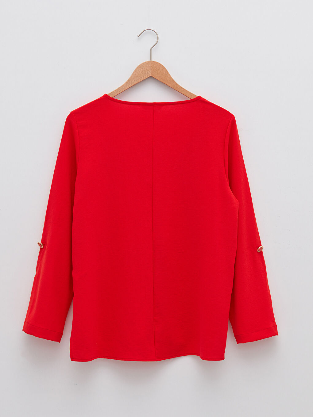 Kırmızı V Yaka Düz Uzun Kollu Kadın Bluz-5