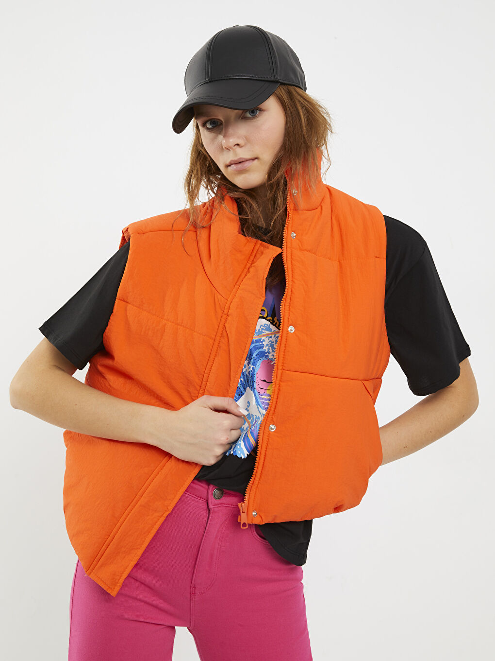 Turuncu Kadın Dik Yaka Düz Şişme Yelek