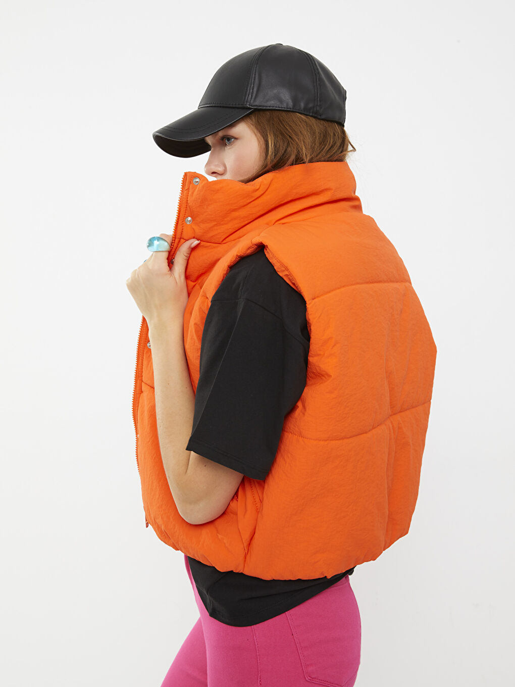 Turuncu Kadın Dik Yaka Düz Şişme Yelek-1