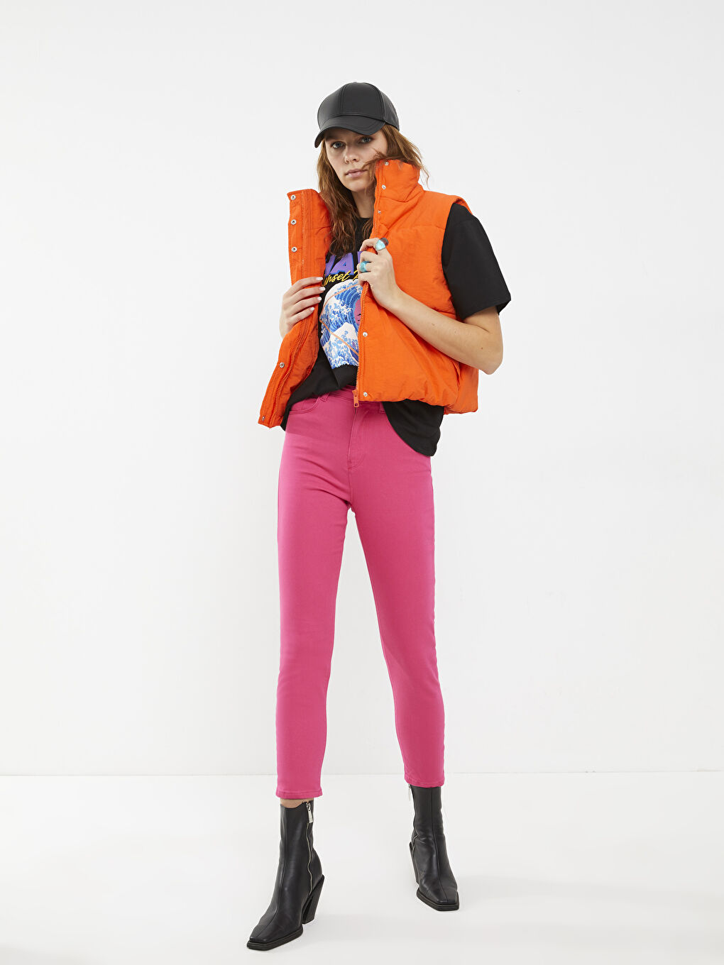 Turuncu Kadın Dik Yaka Düz Şişme Yelek-2