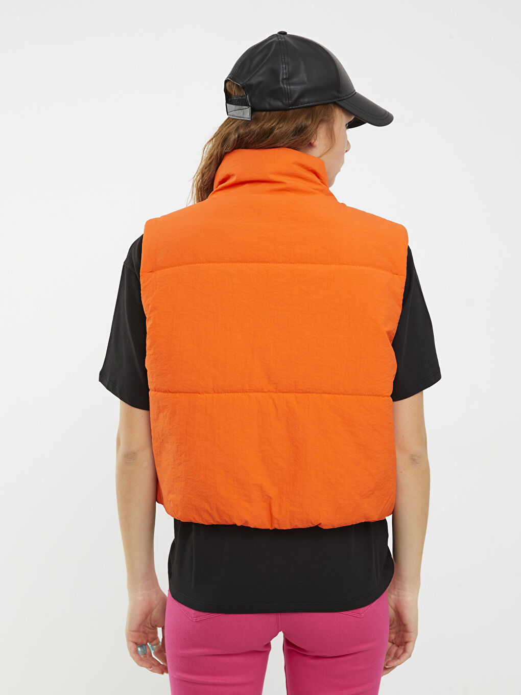 Turuncu Kadın Dik Yaka Düz Şişme Yelek-3