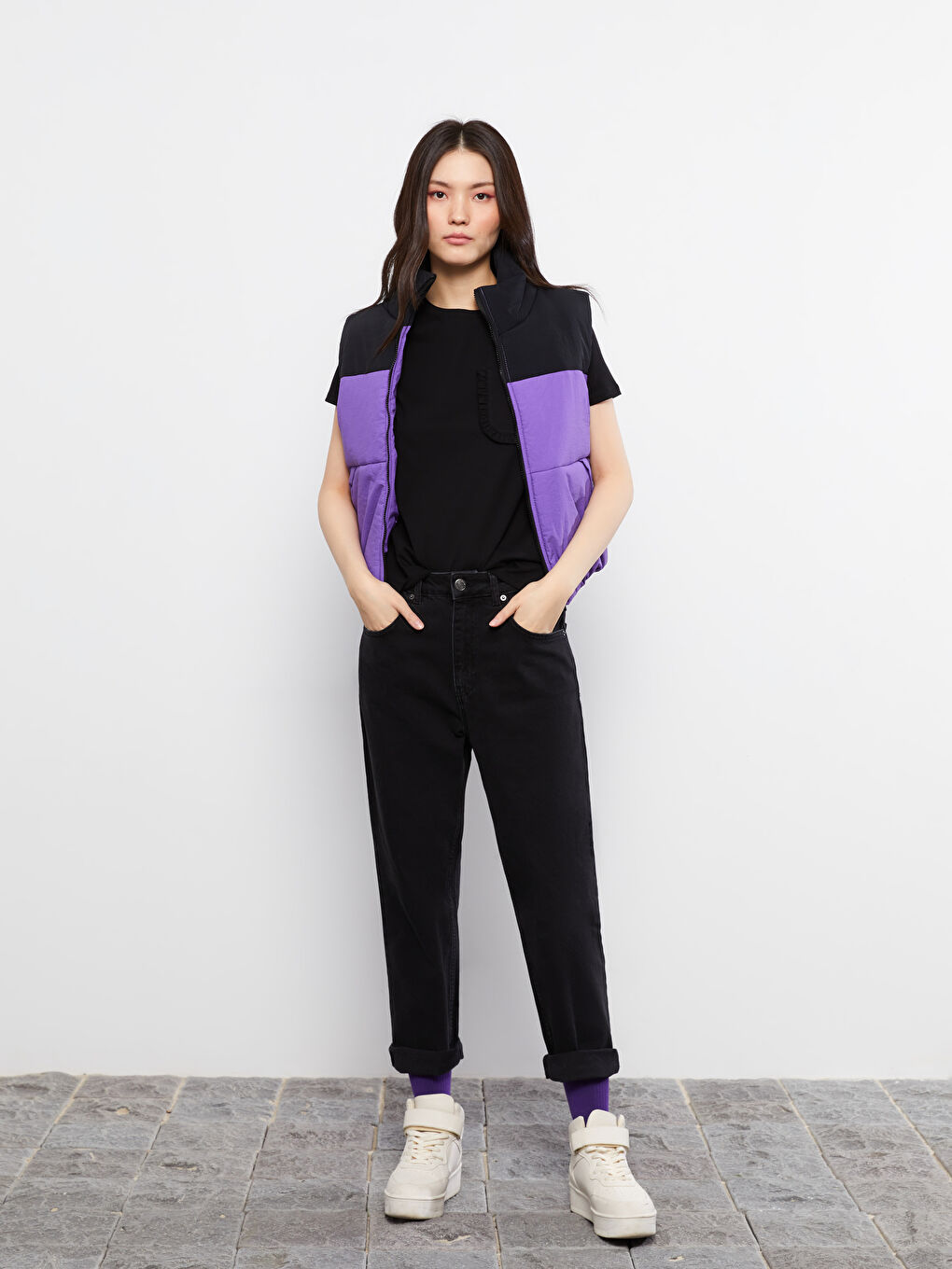 Mor Dik Yaka Renk Bloklu Kadın Şişme Yelek