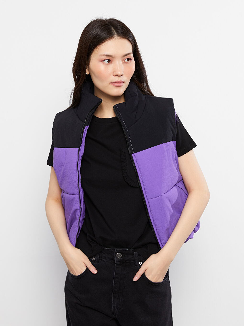 Mor Dik Yaka Renk Bloklu Kadın Şişme Yelek-1