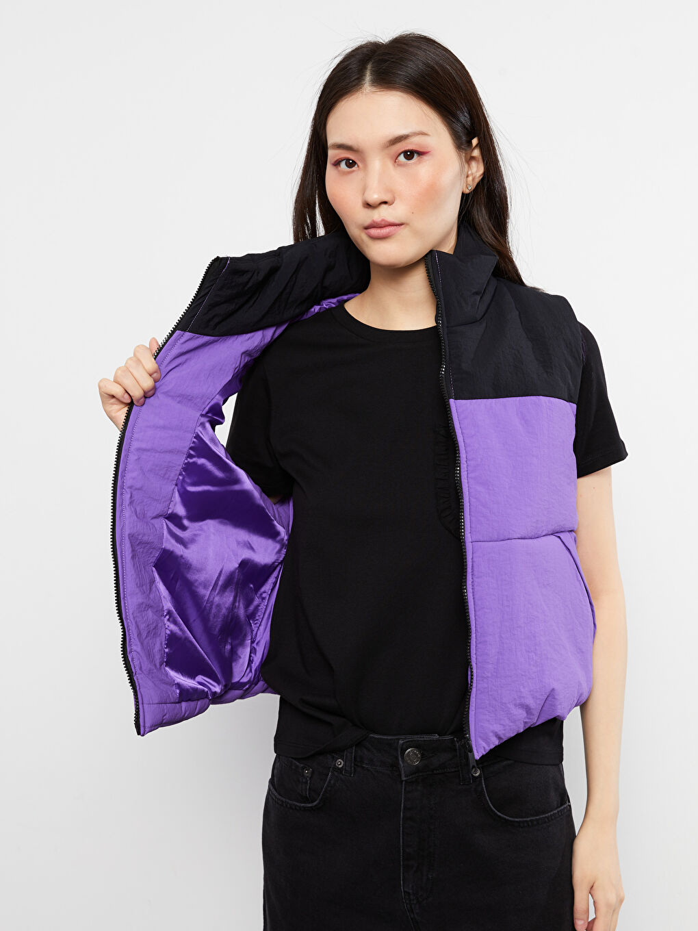 Mor Dik Yaka Renk Bloklu Kadın Şişme Yelek-2