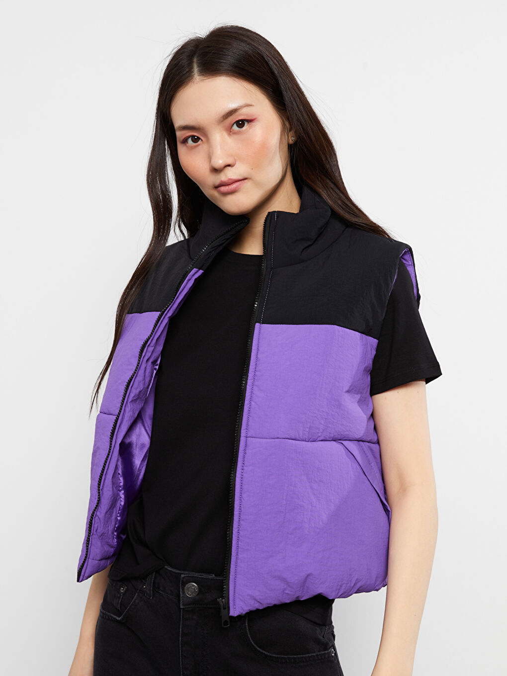 Mor Dik Yaka Renk Bloklu Kadın Şişme Yelek-3