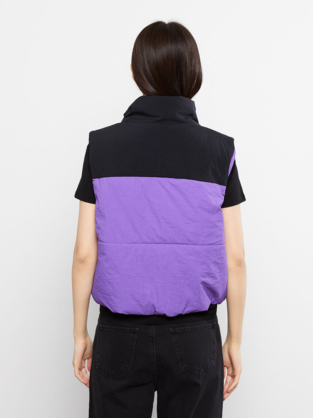 Mor Dik Yaka Renk Bloklu Kadın Şişme Yelek-5