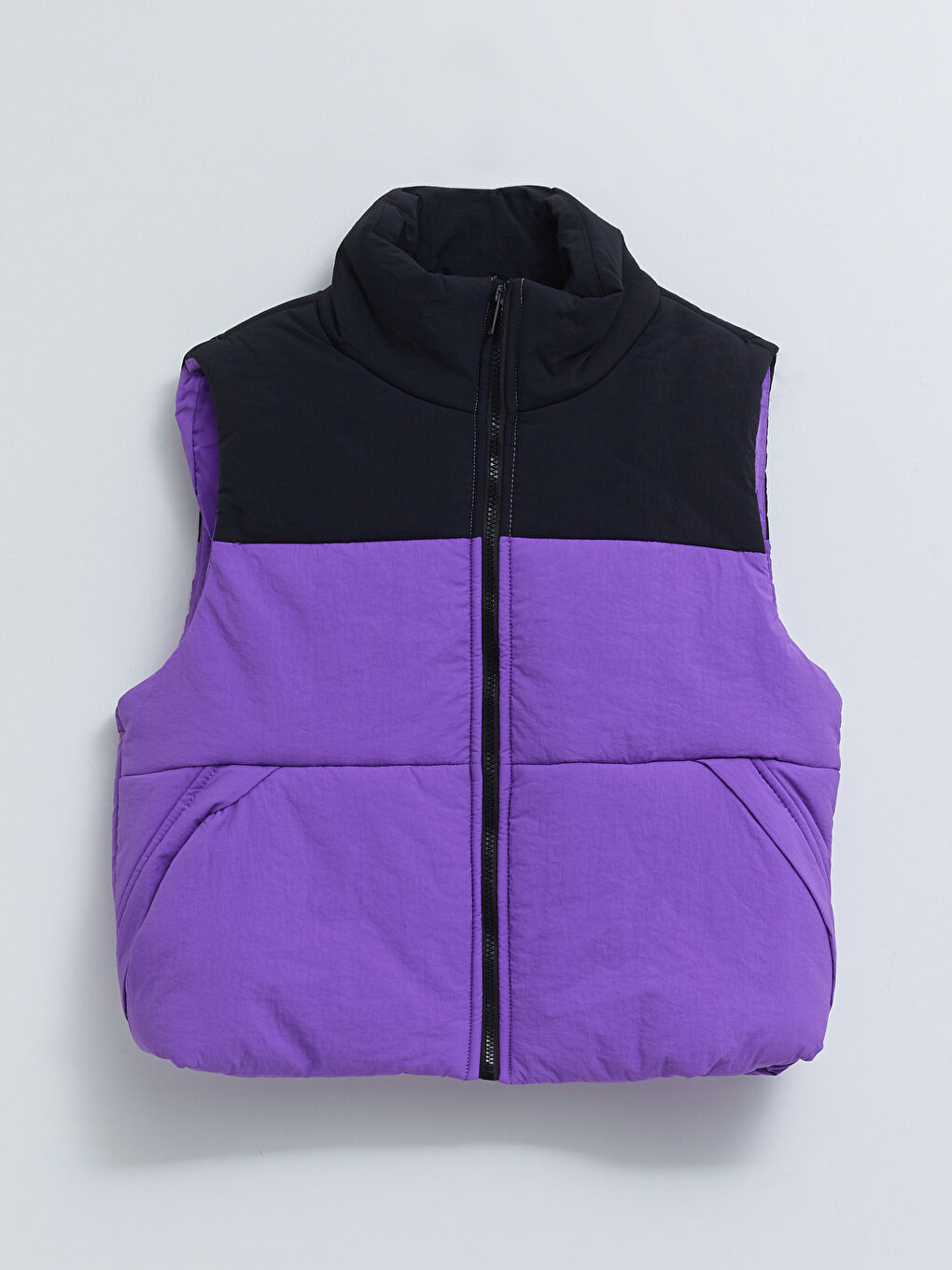 Mor Dik Yaka Renk Bloklu Kadın Şişme Yelek-6