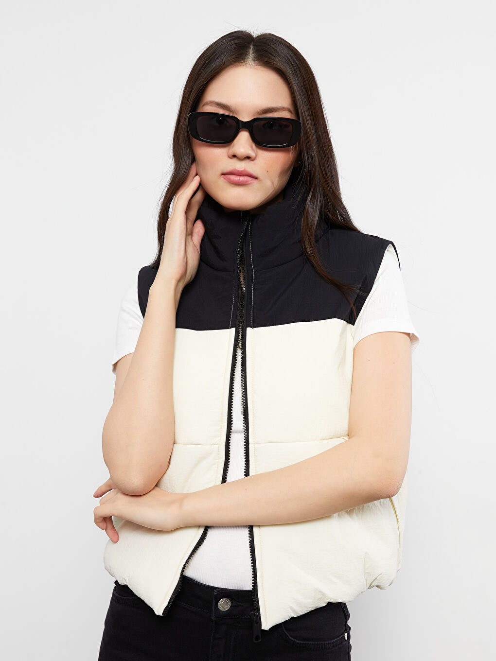 XSIDE Grandad Collar Color Block Women's Vest -S2DS43Z8-RYS