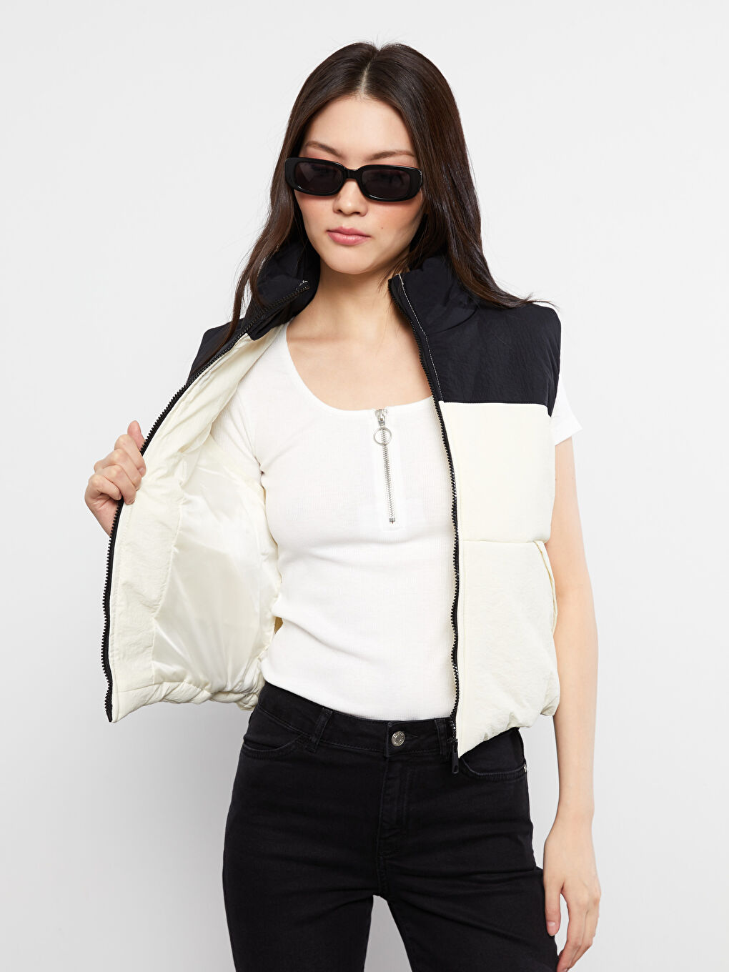 XSIDE Grandad Collar Color Block Women's Vest -S2DS43Z8-RYS