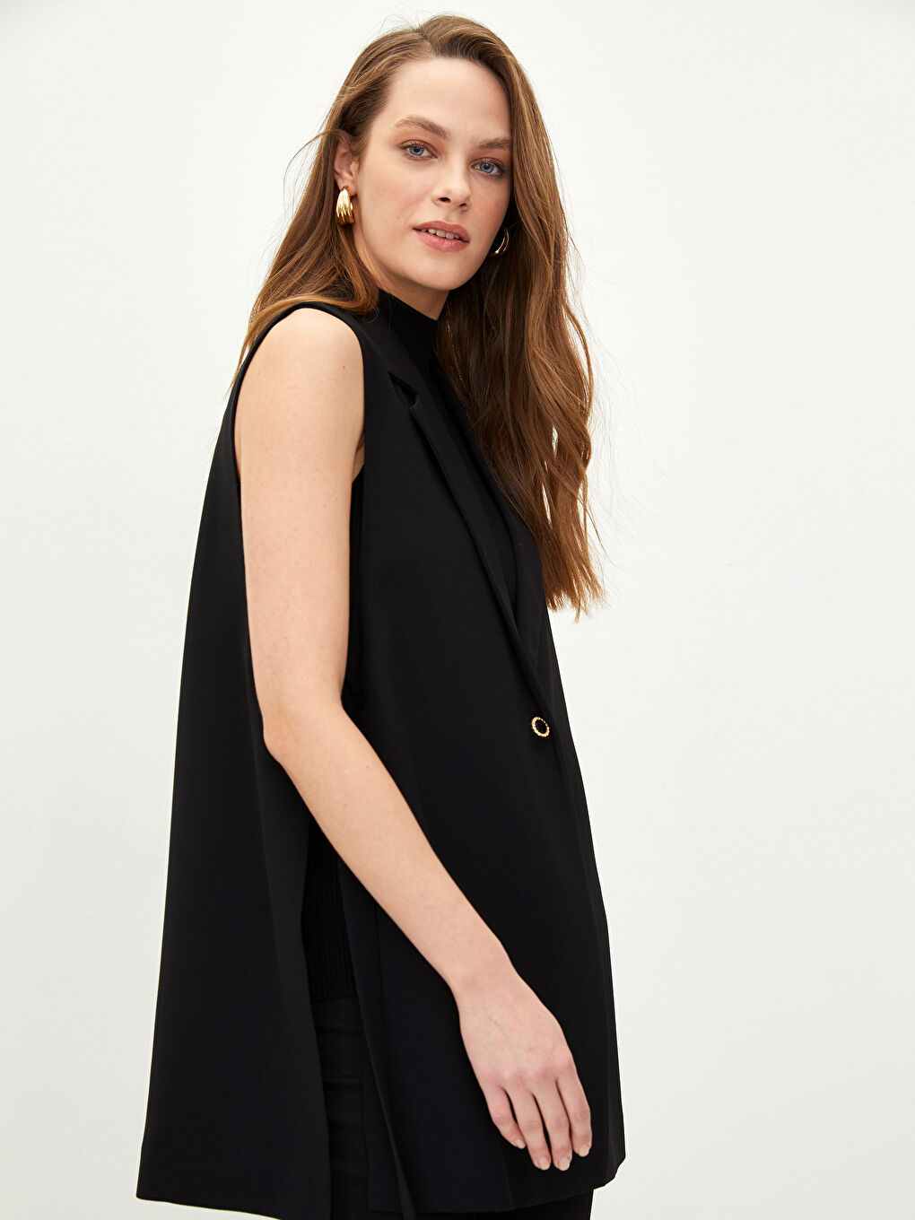 Siyah Kadın Ceket Yaka Düz Yelek