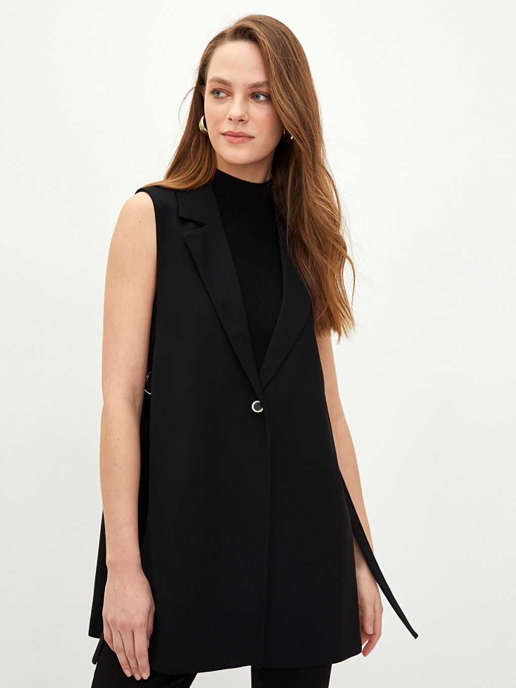 Siyah Kadın Ceket Yaka Düz Yelek-1