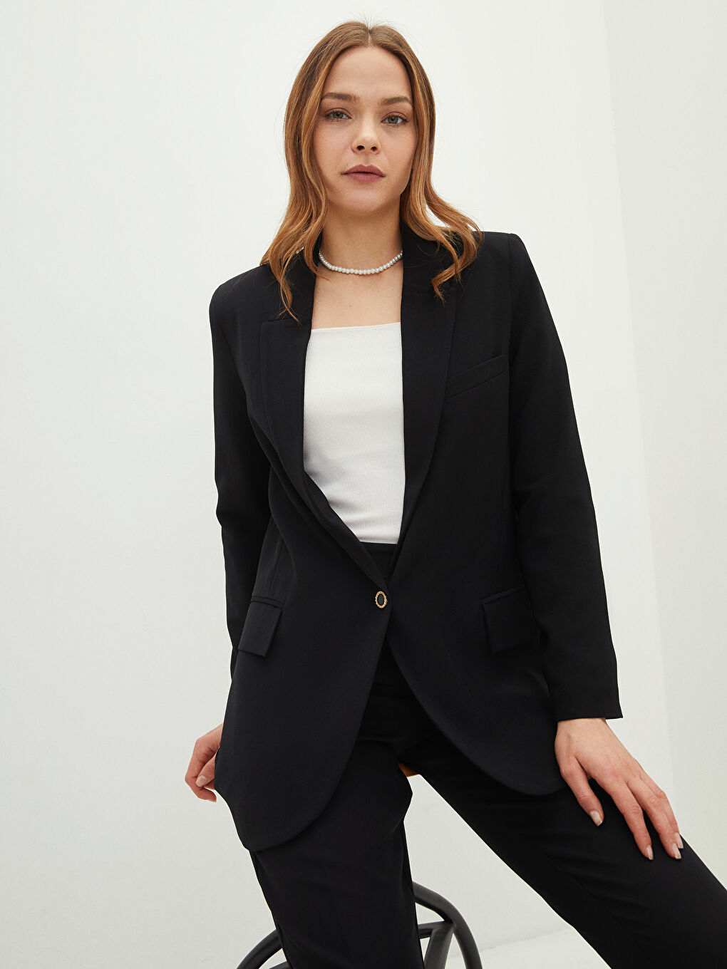 Sacou pentru Femei cu Închidere Frontală cu Nasturi, Croială Dreaptă, Mânecă Lungă-1