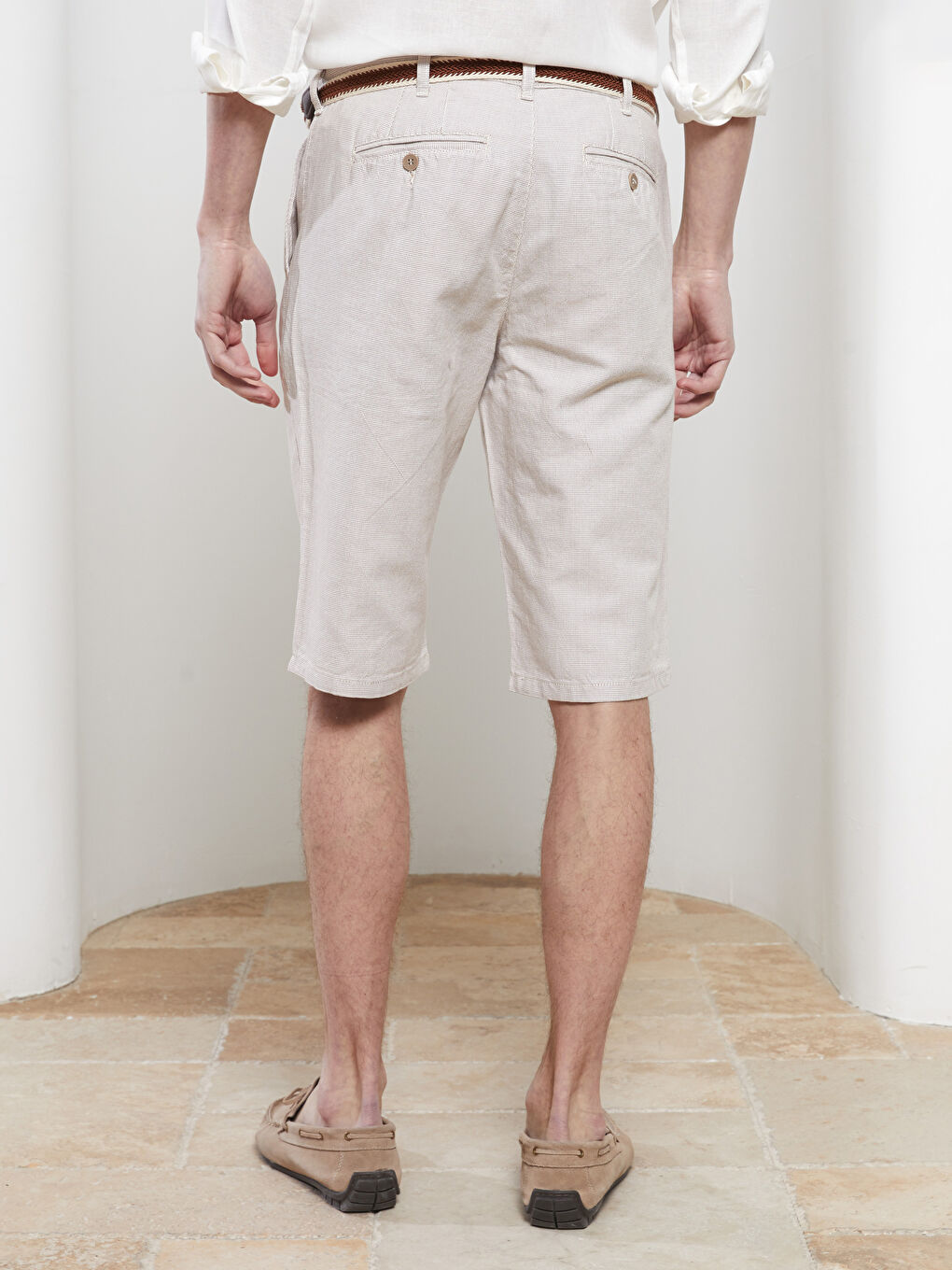 Bej Slim Fit Kemerli Erkek Şort-4
