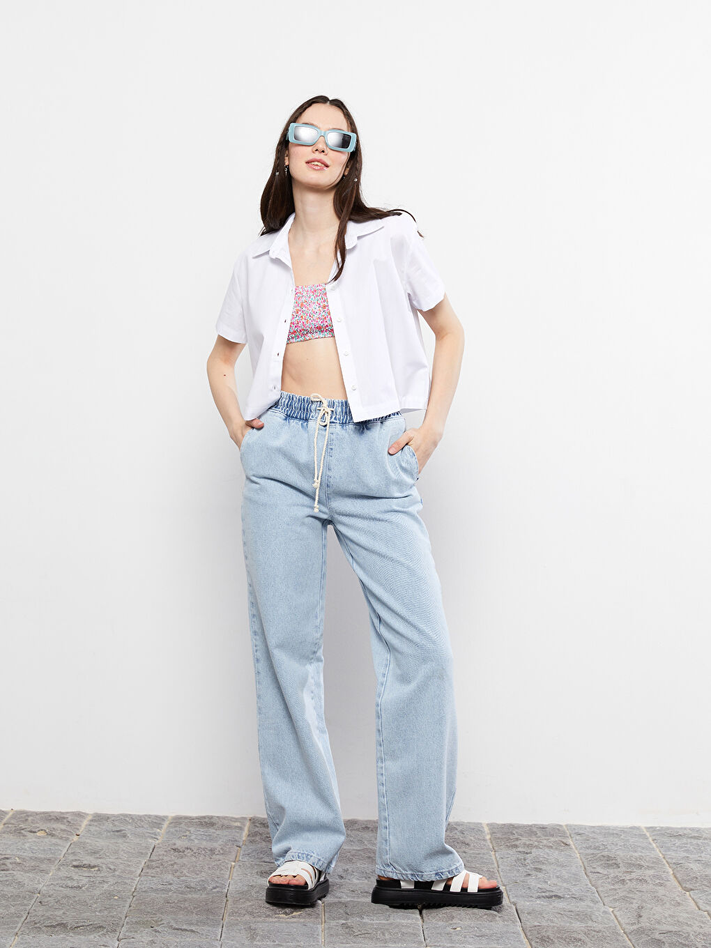 Wideleg Patterned Pocket Detailed Jeans for Women-1