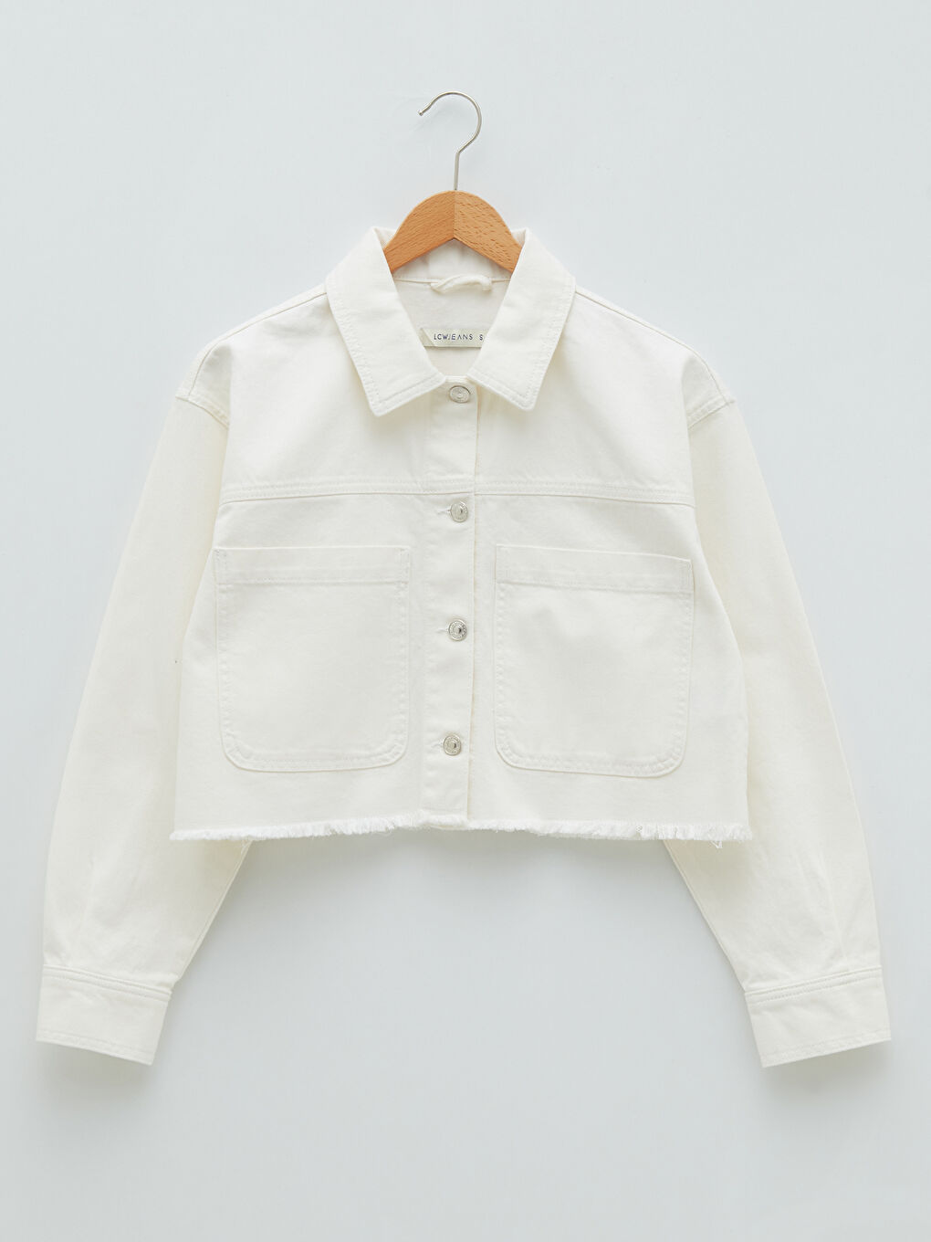 Beyaz Gömlek Yaka Düz Uzun Kollu Crop Kadın Rodeo Jean Ceket-5