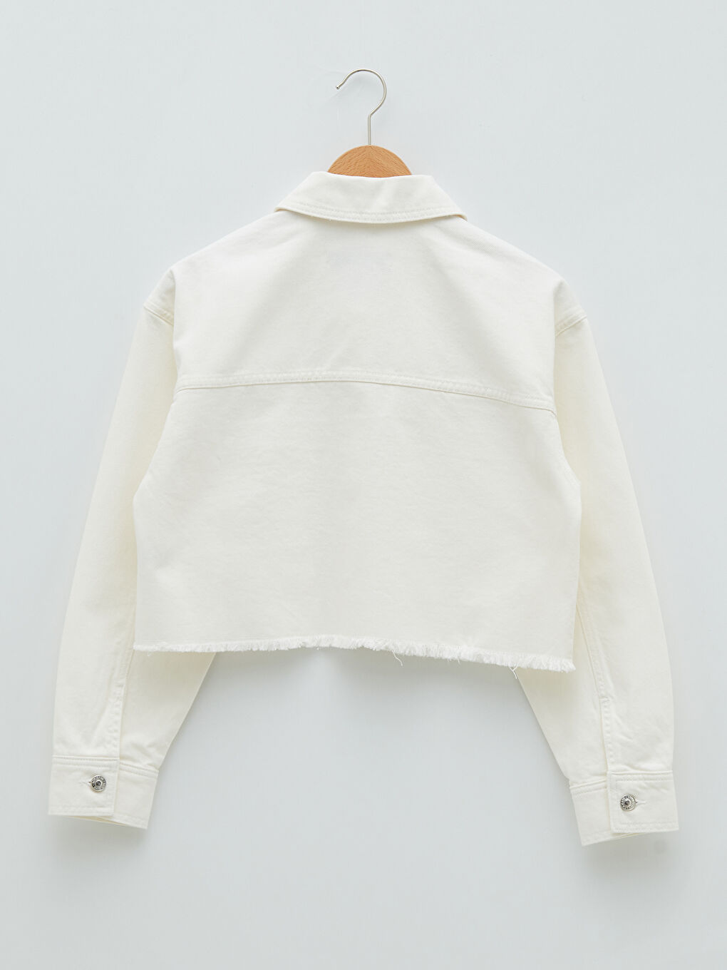 Beyaz Gömlek Yaka Düz Uzun Kollu Crop Kadın Rodeo Jean Ceket-6
