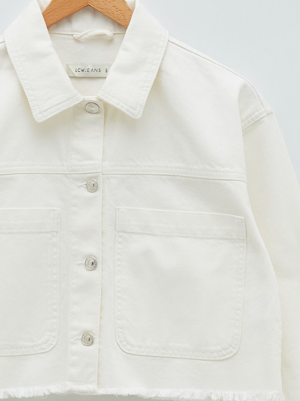 Beyaz Gömlek Yaka Düz Uzun Kollu Crop Kadın Rodeo Jean Ceket-7