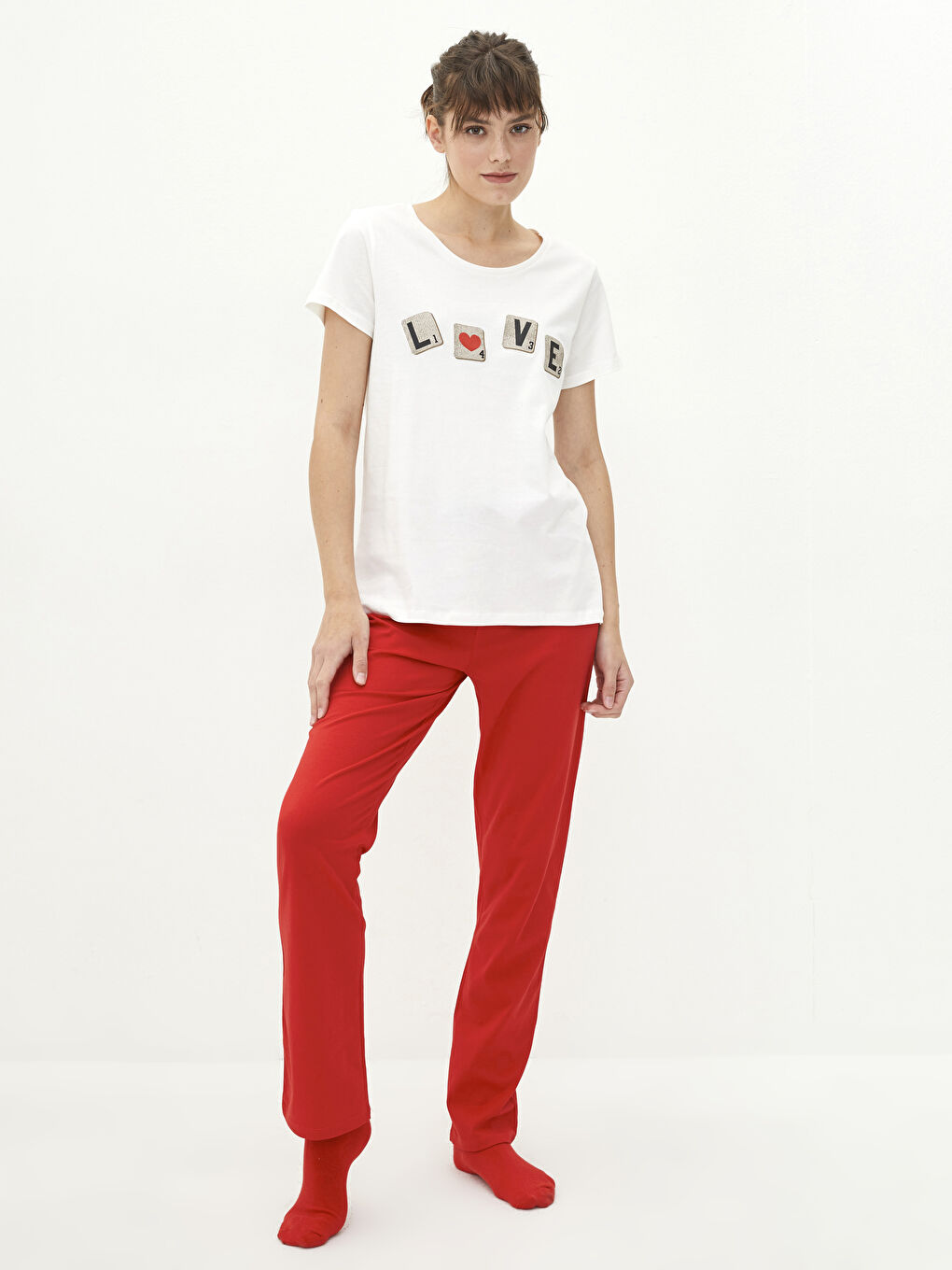 Kırmızı Bisiklet Yaka Baskılı Kısa Kollu Pamuklu Kadın Pijama Takımı-1