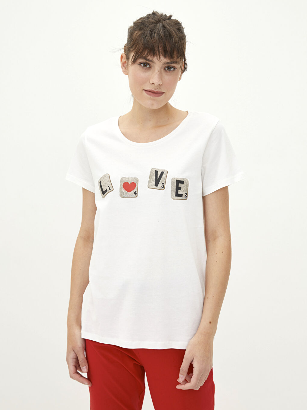 Kırmızı Bisiklet Yaka Baskılı Kısa Kollu Pamuklu Kadın Pijama Takımı-2