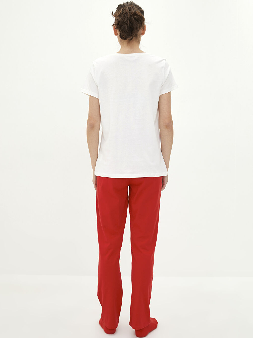 Kırmızı Bisiklet Yaka Baskılı Kısa Kollu Pamuklu Kadın Pijama Takımı-4