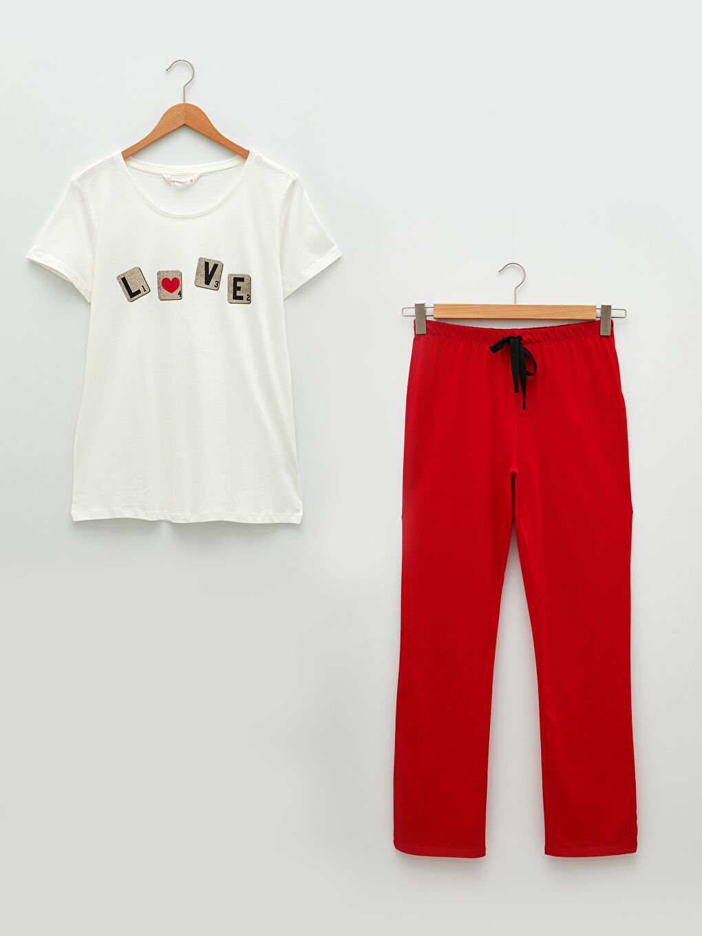 Kırmızı Bisiklet Yaka Baskılı Kısa Kollu Pamuklu Kadın Pijama Takımı-5