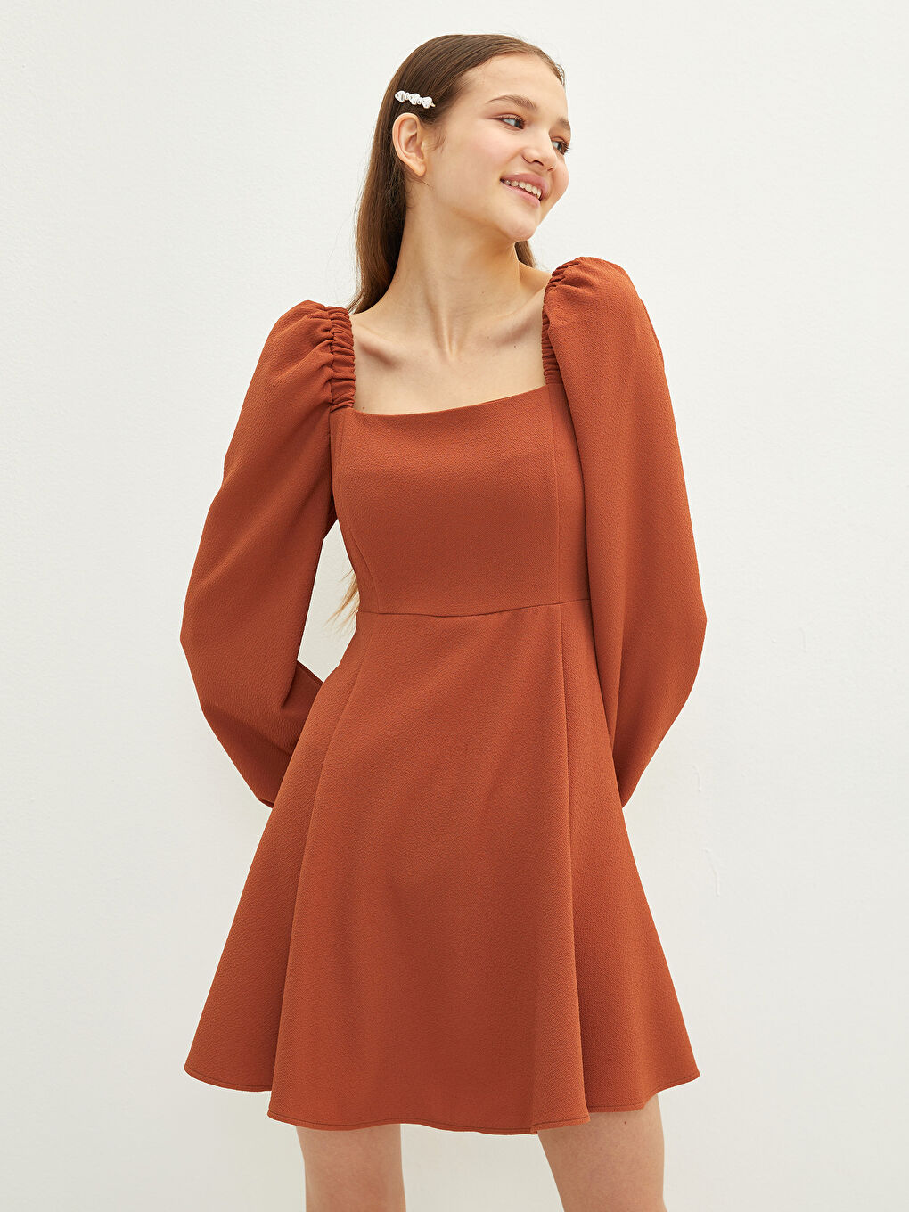 Turuncu Kare Yaka Düz Uzun Kollu Kadın Elbise-2