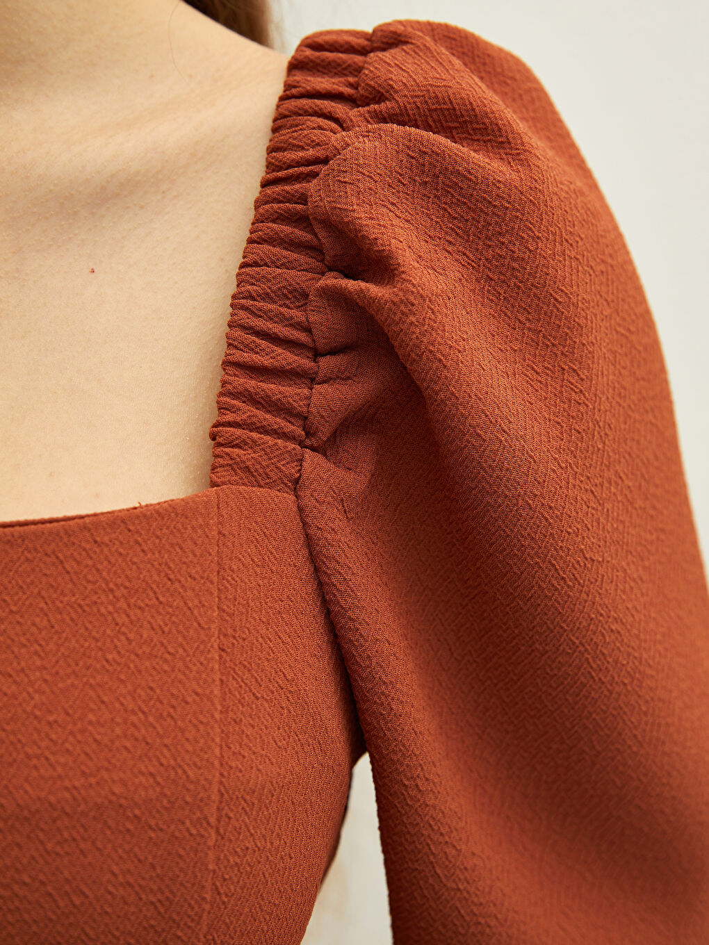 Turuncu Kare Yaka Düz Uzun Kollu Kadın Elbise-3