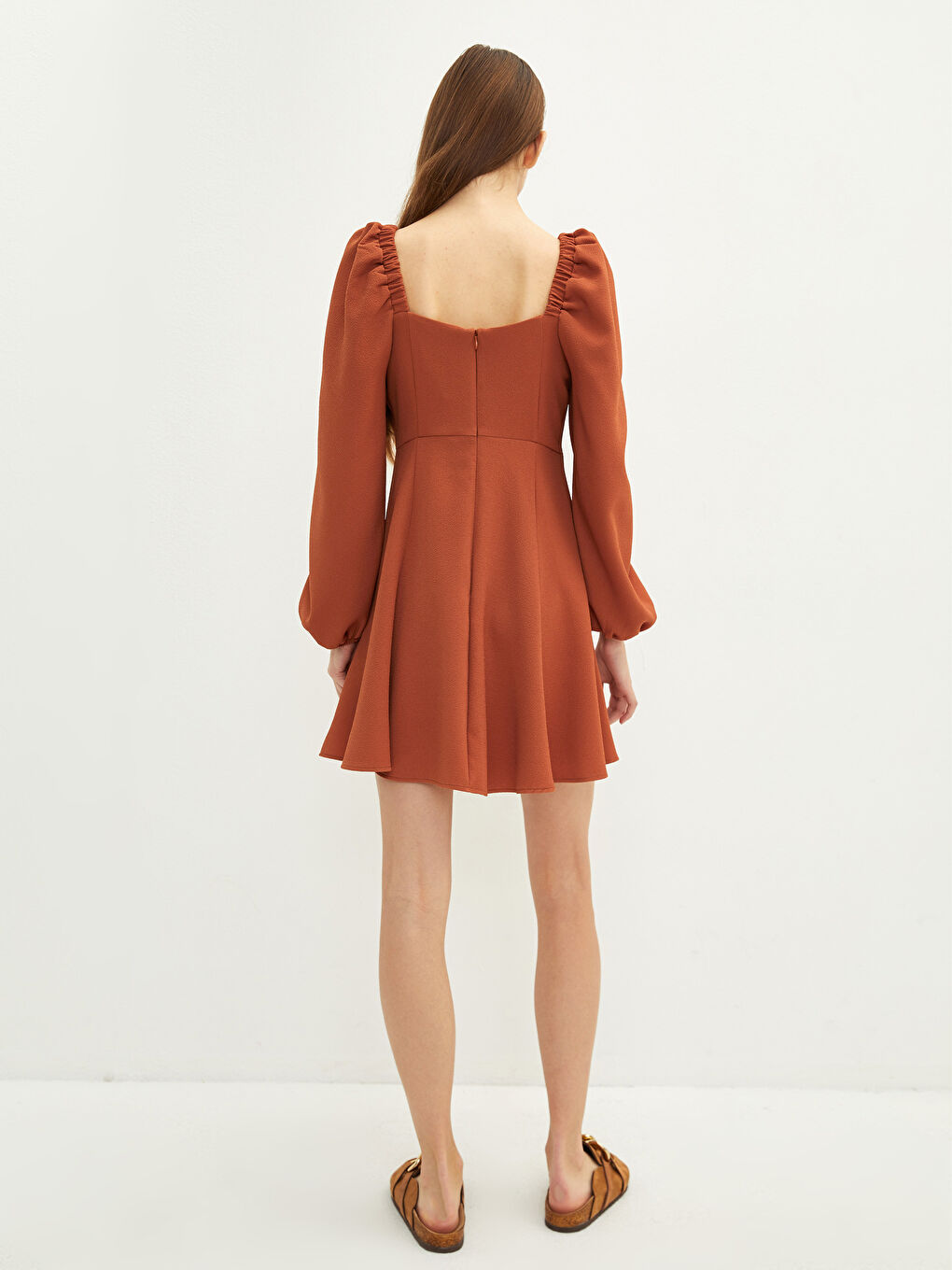 Turuncu Kare Yaka Düz Uzun Kollu Kadın Elbise-4