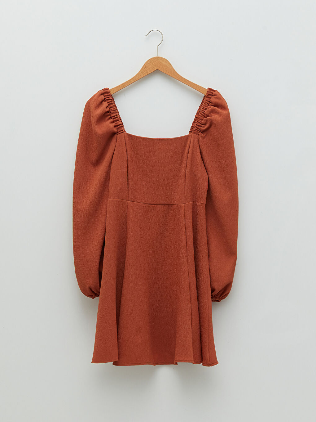 Turuncu Kare Yaka Düz Uzun Kollu Kadın Elbise-5