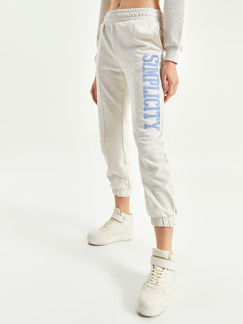 Ekru Beli Lastikli Baskılı Kadın Kalın Jogger Eşofman Altı-4