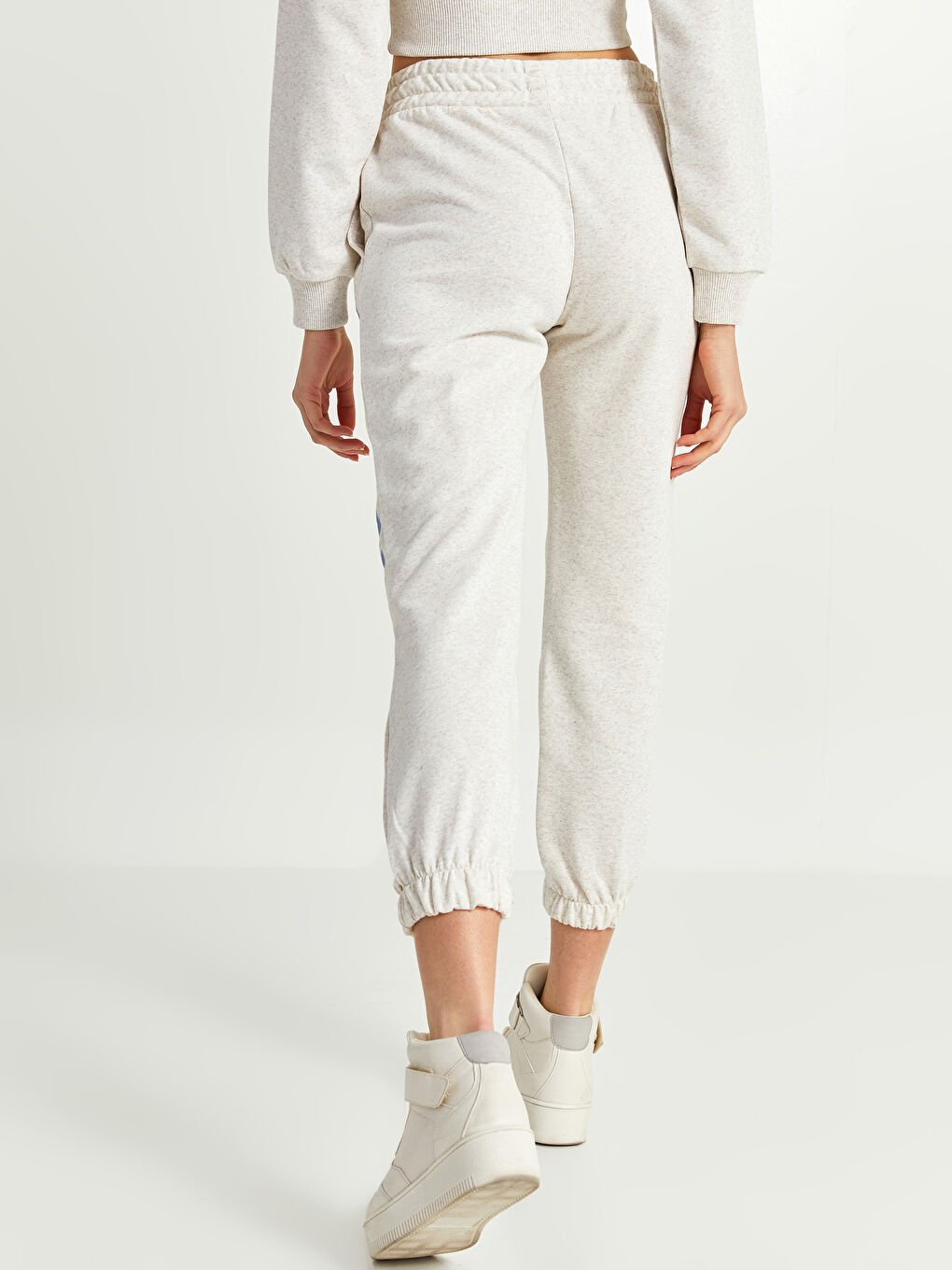 Ekru Beli Lastikli Baskılı Kadın Kalın Jogger Eşofman Altı-5