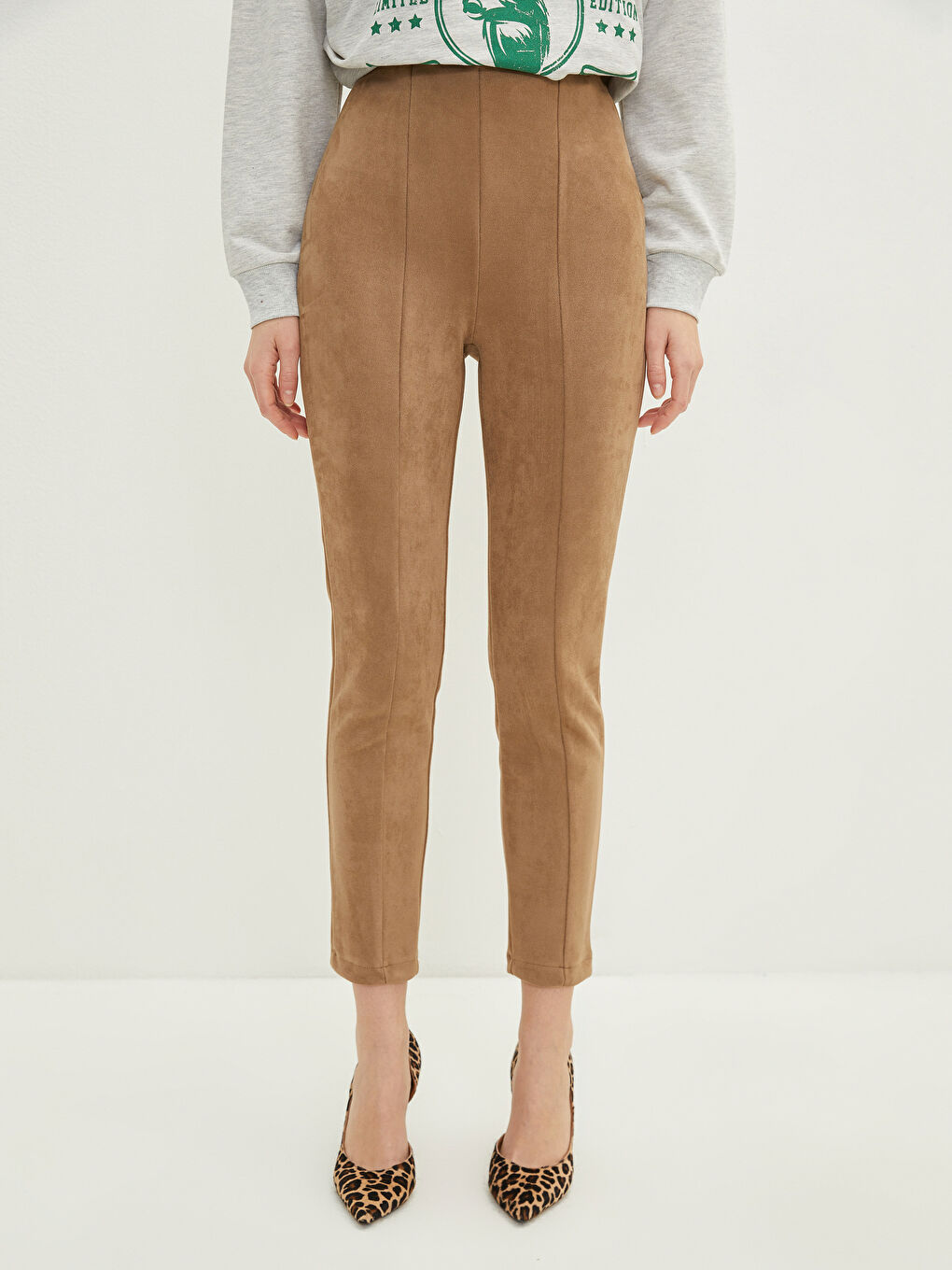 Leggings en Suède Droits à Taille Élastique pour Femmes-3