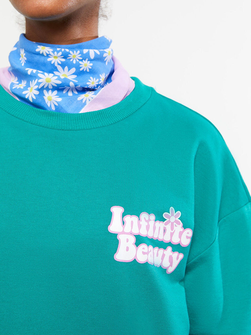 Yeşil Bisiklet Yaka Baskılı Uzun Kollu Kadın Sweatshirt-3