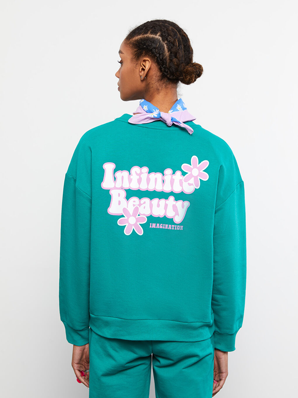 Yeşil Bisiklet Yaka Baskılı Uzun Kollu Kadın Sweatshirt-4