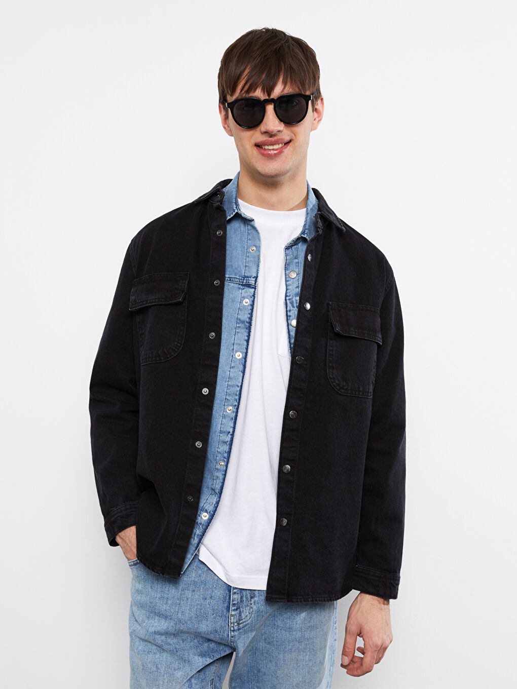 Siyah Standart Kalıp Uzun Kollu Erkek Jean Ceket-1