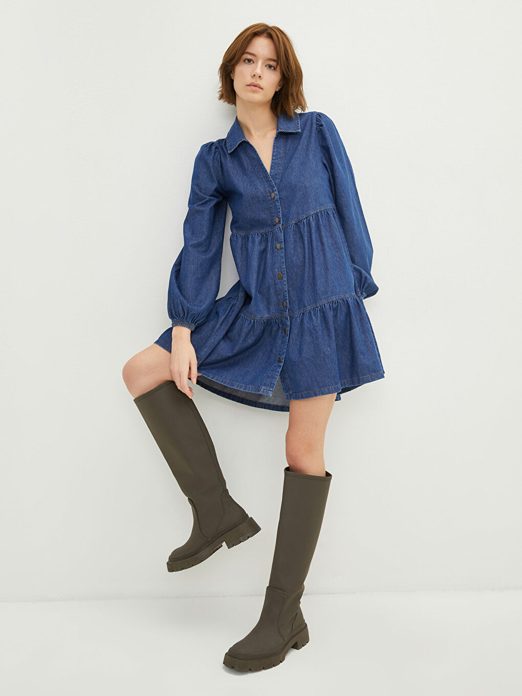 İndigo Gömlek Yaka Düz Uzun Kollu Kadın Jean Elbise