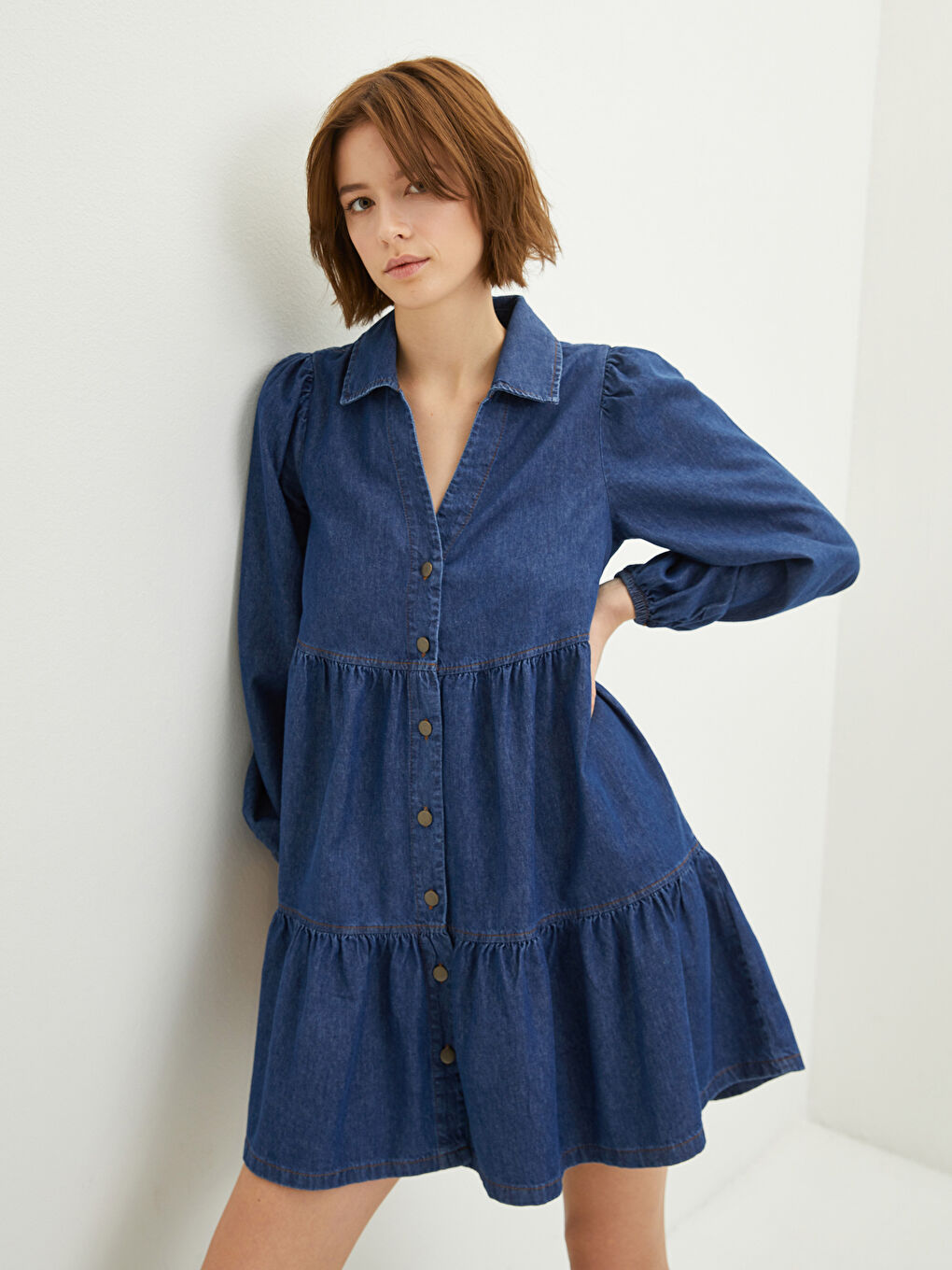 İndigo Gömlek Yaka Düz Uzun Kollu Kadın Jean Elbise-1