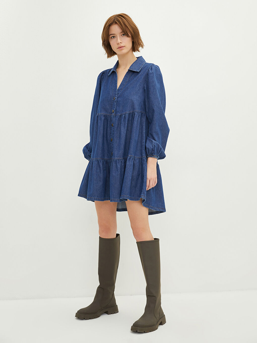 İndigo Gömlek Yaka Düz Uzun Kollu Kadın Jean Elbise-2