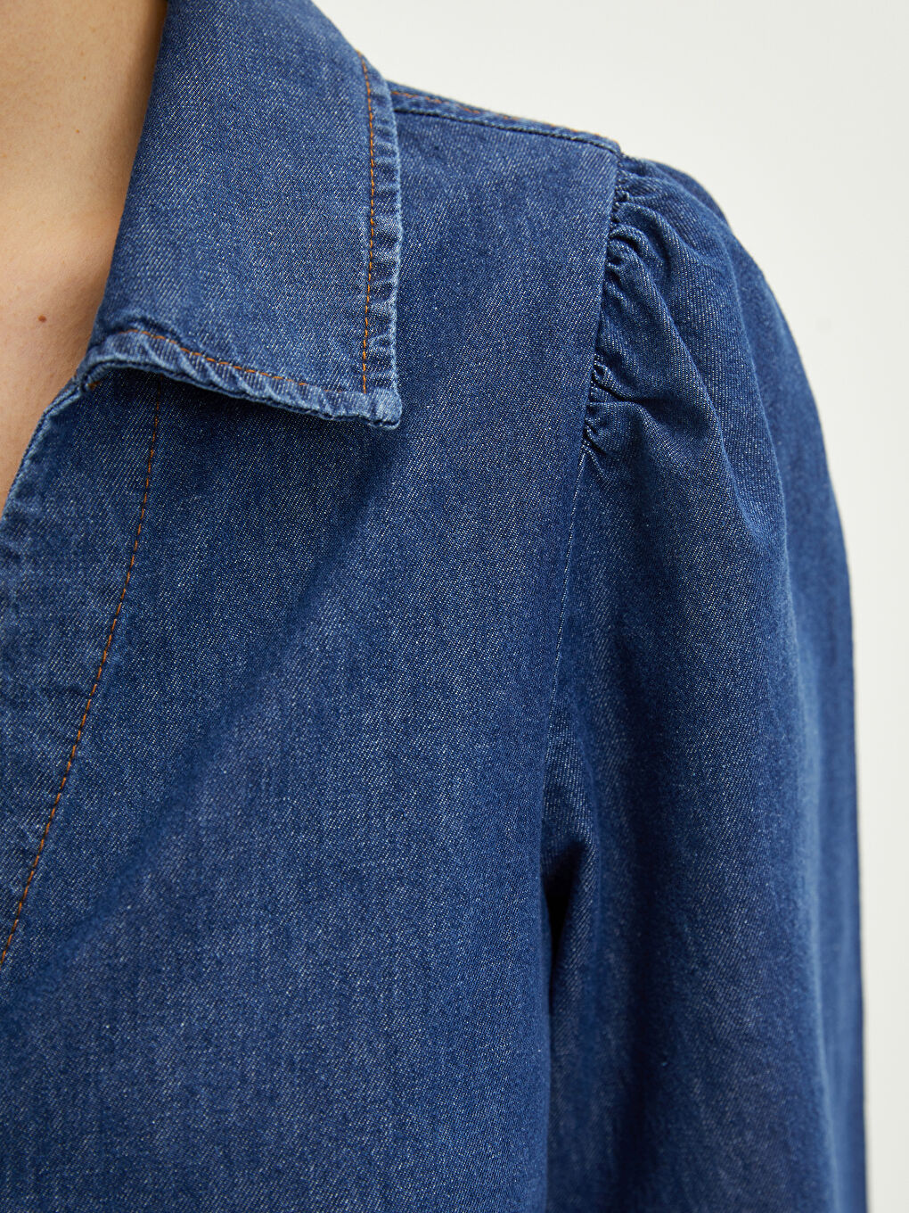 İndigo Gömlek Yaka Düz Uzun Kollu Kadın Jean Elbise-3