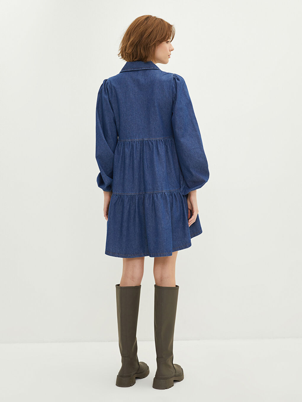 İndigo Gömlek Yaka Düz Uzun Kollu Kadın Jean Elbise-4