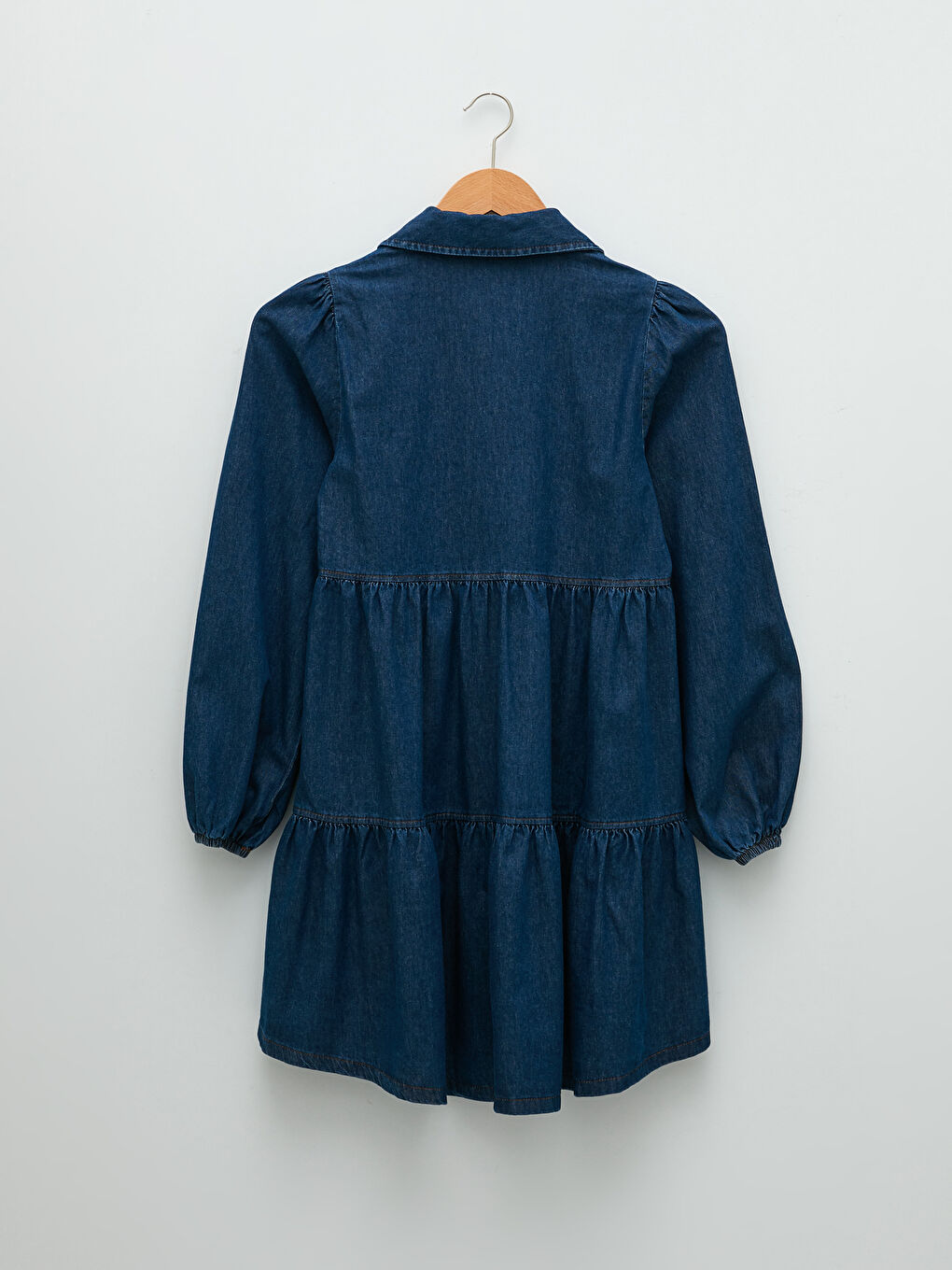 İndigo Gömlek Yaka Düz Uzun Kollu Kadın Jean Elbise-6