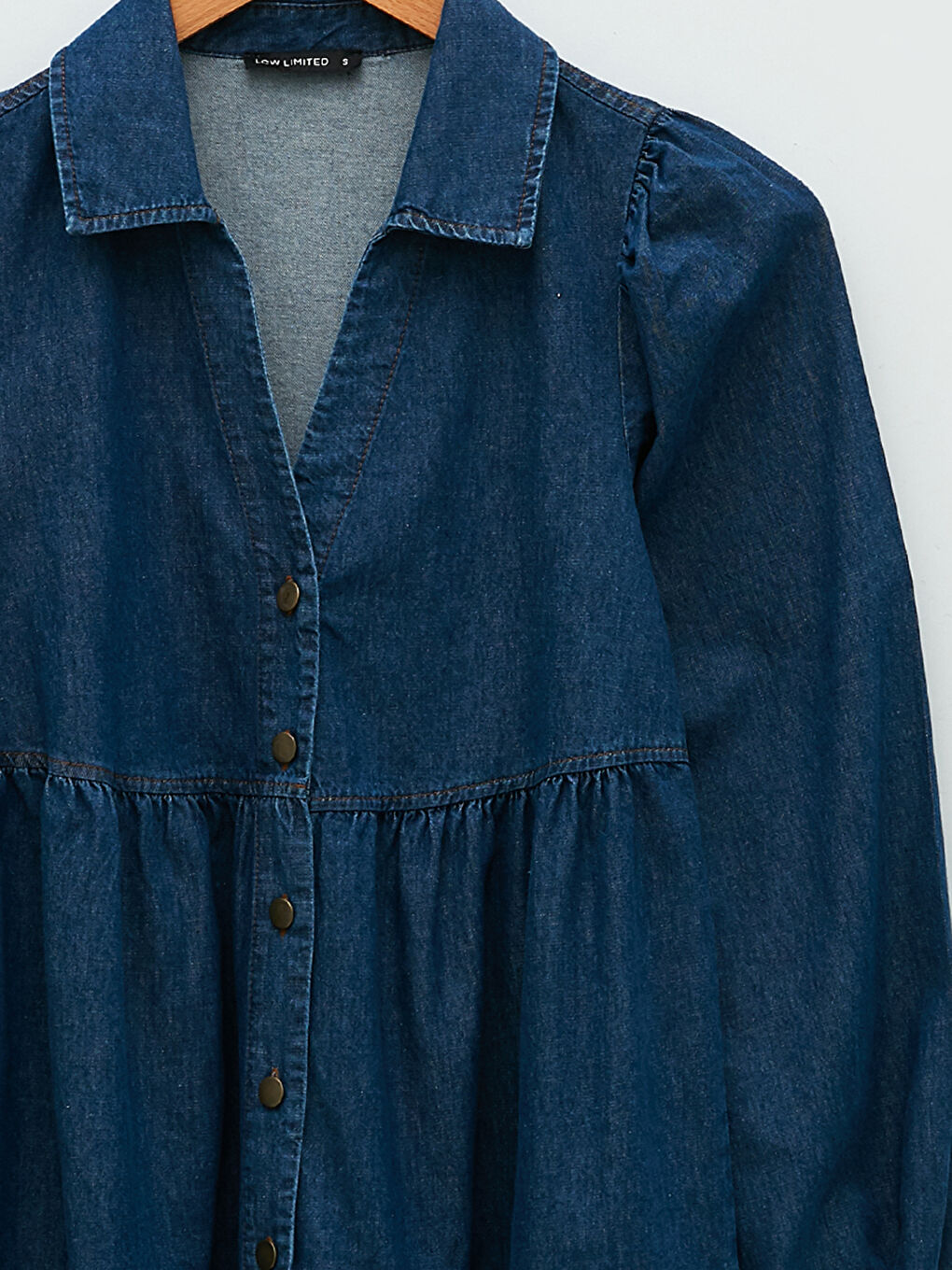 İndigo Gömlek Yaka Düz Uzun Kollu Kadın Jean Elbise-7
