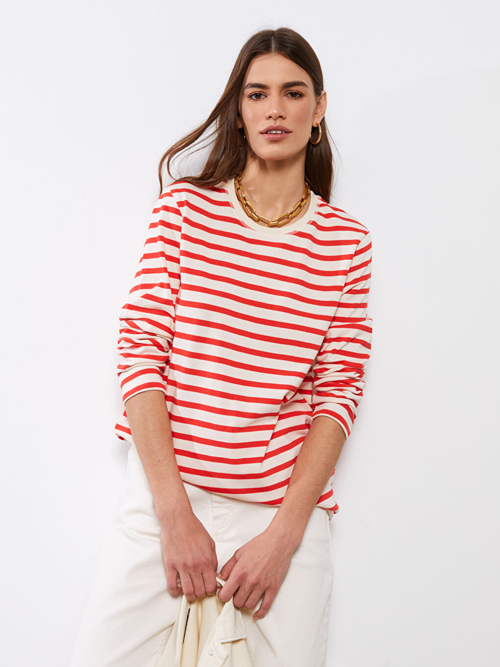 Crew Neck Striped Long Sleeve Cotton Women's Tunic