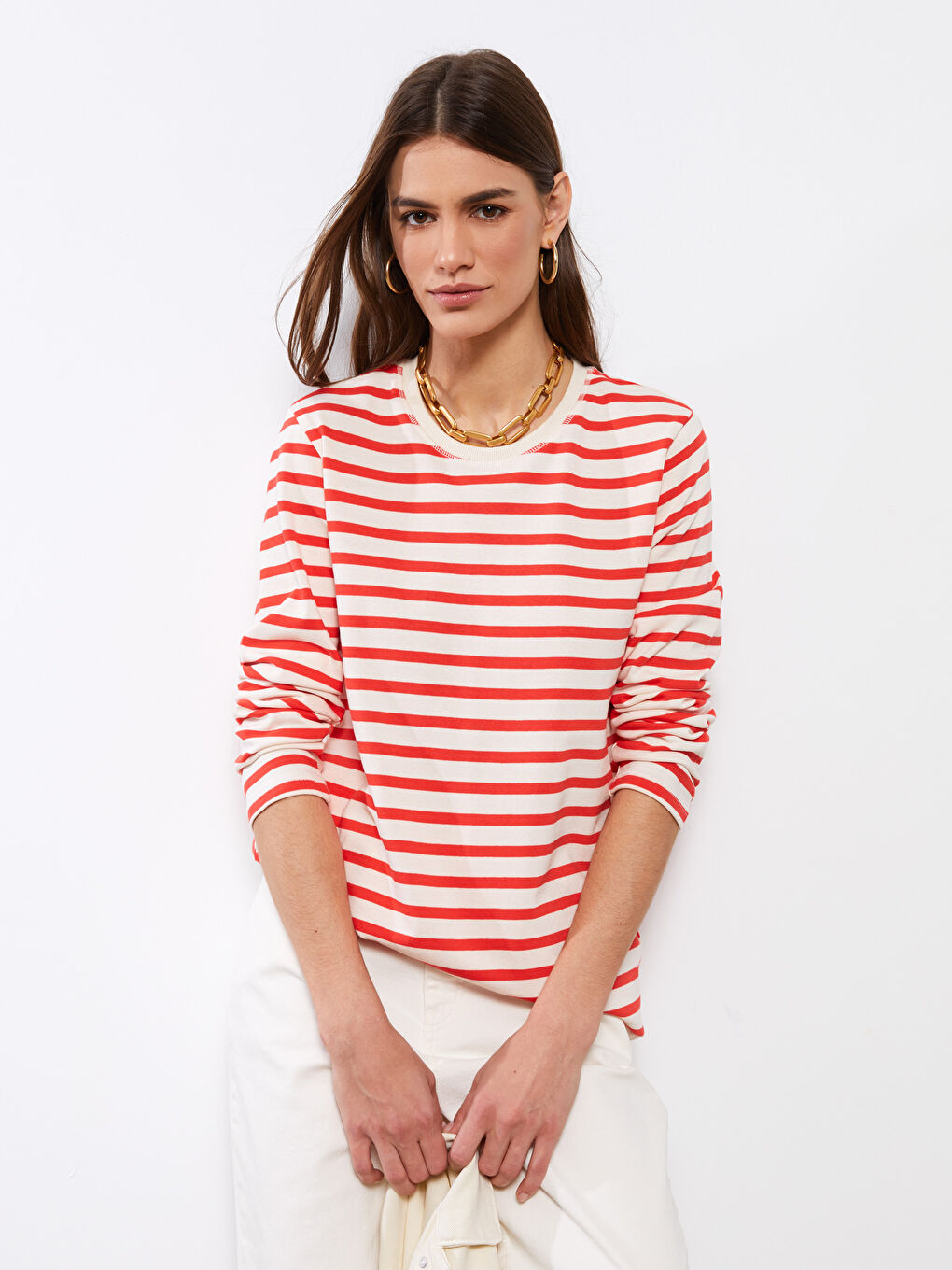 Crew Neck Striped Long Sleeve Cotton Women's Tunic-1
