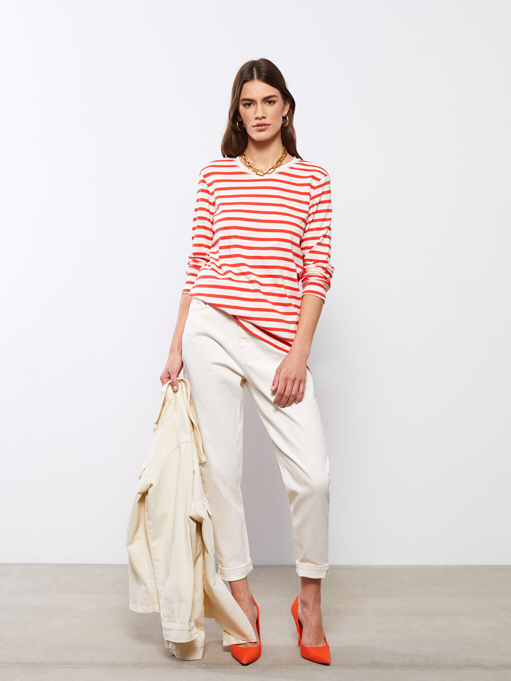 Crew Neck Striped Long Sleeve Cotton Women's Tunic-2