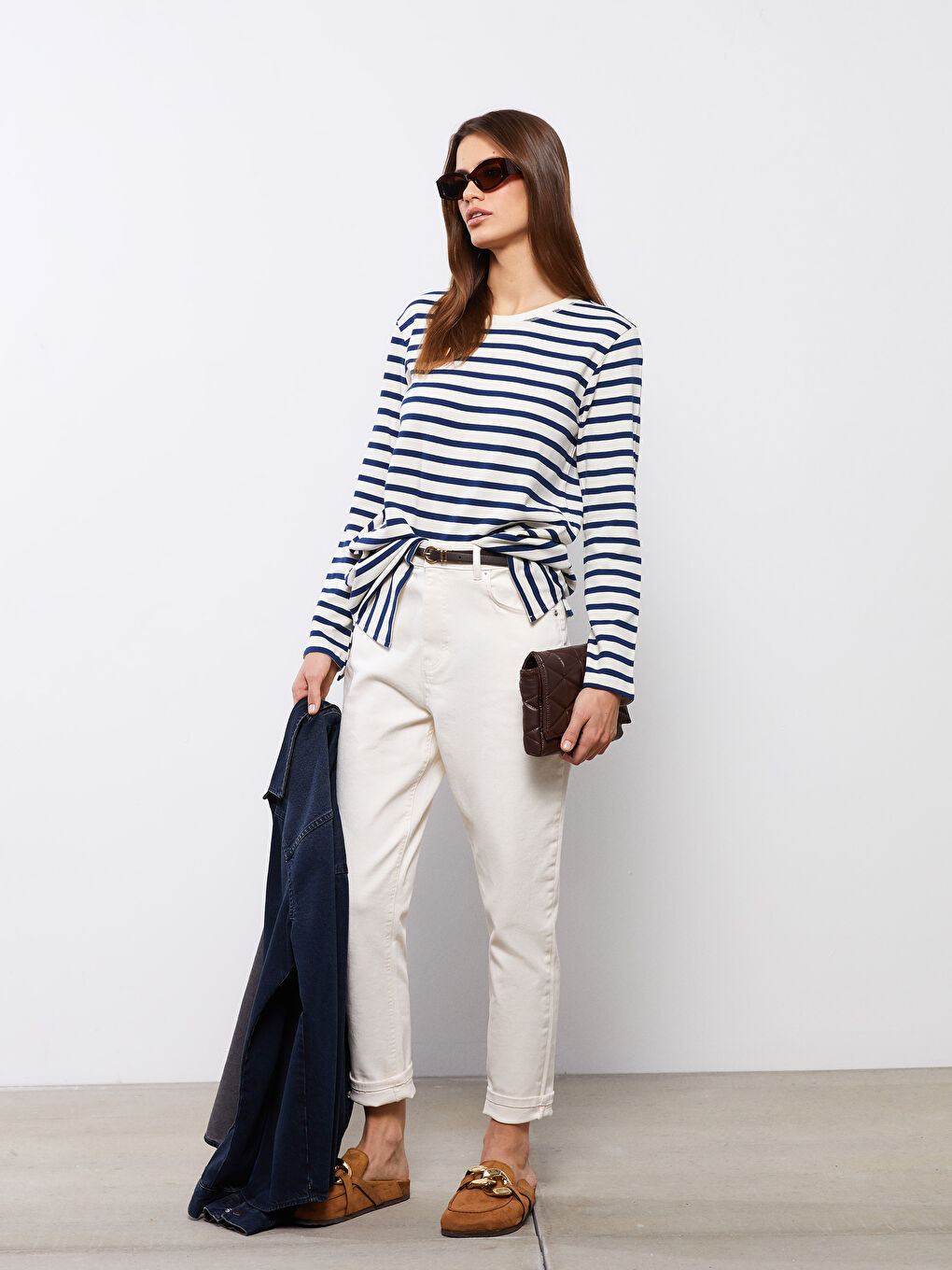 Mavi Bisiklet Yaka Çizgili Uzun Kollu Pamuklu Kadın Tunik